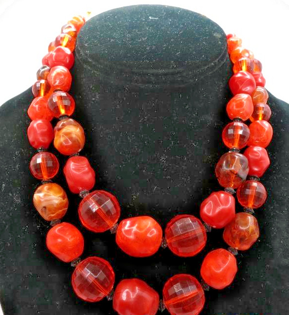 Gorgeous Signed Coro 2 Strand Beaded Choker Necklace Lucite Vintage Red Orange