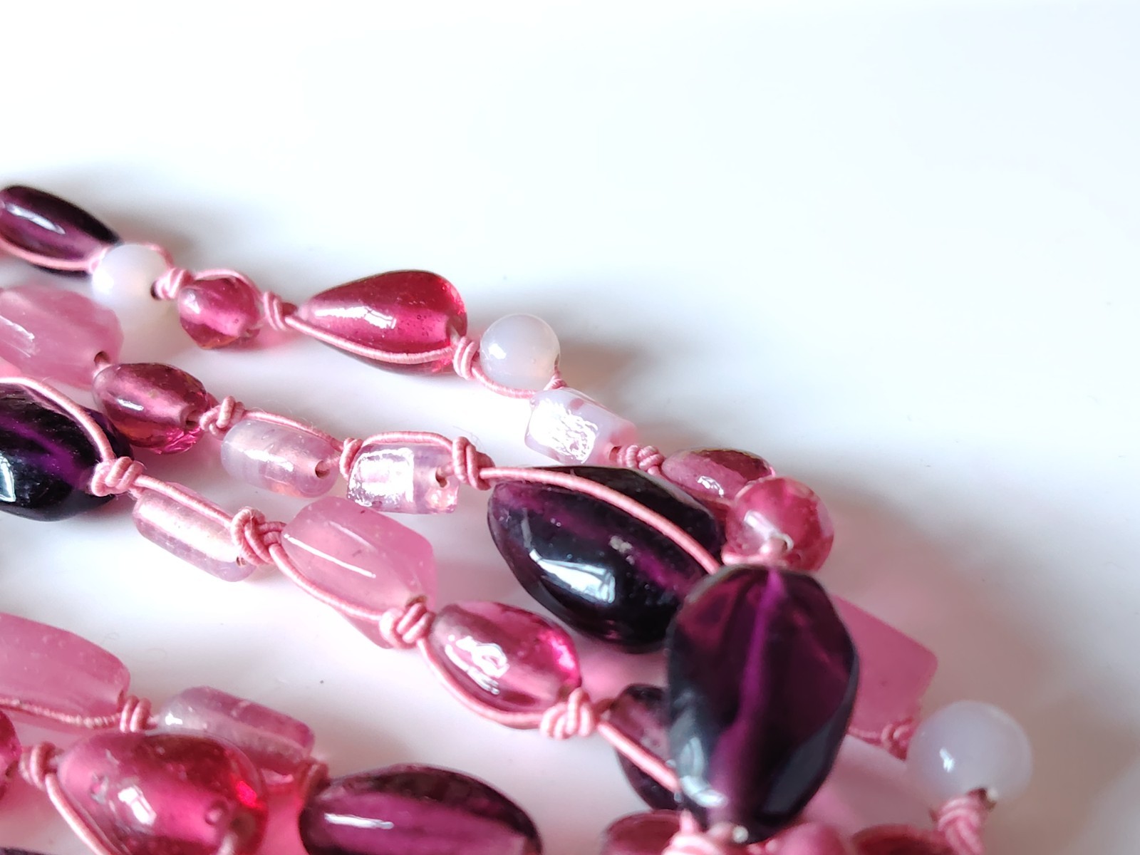 Pink Material Glass Bead Necklace Multi strand Mixed Shape Layering Toggle Clasp