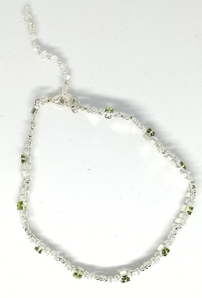 7-inch Bracelet Rectangle Stack – 2x4mm White, 3mm GREEN Square Prong-Sets