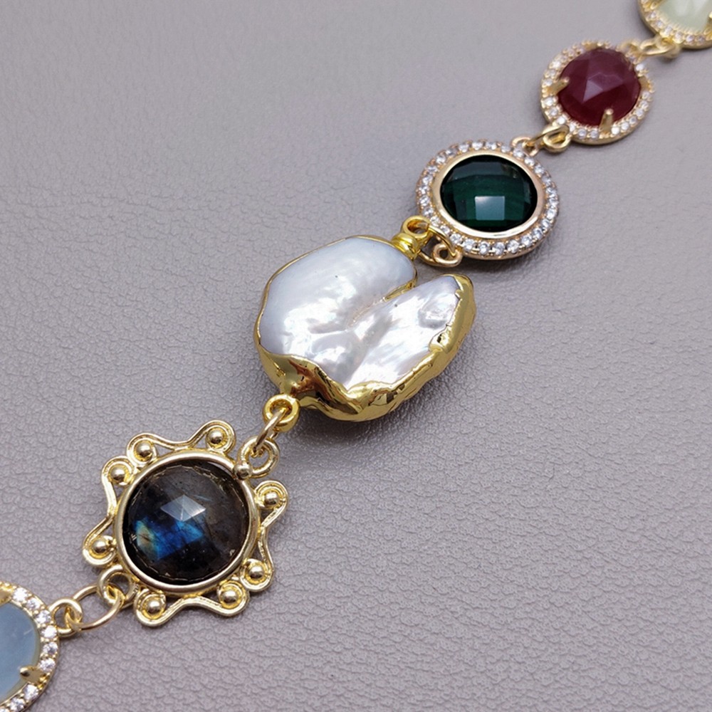 Unique Multi Color Stone Crystal Cultured White Pearl Choker Necklace Handmade