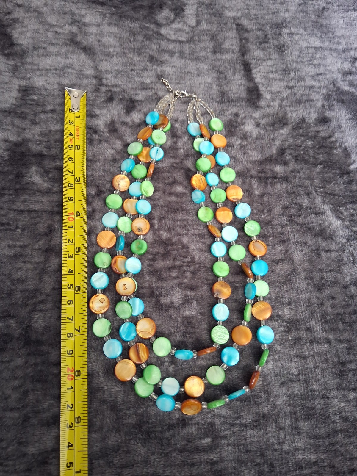 3 strand Multicolor Beaded Necklace, Adjustable Lobster Clasp Green, Brown, Blue