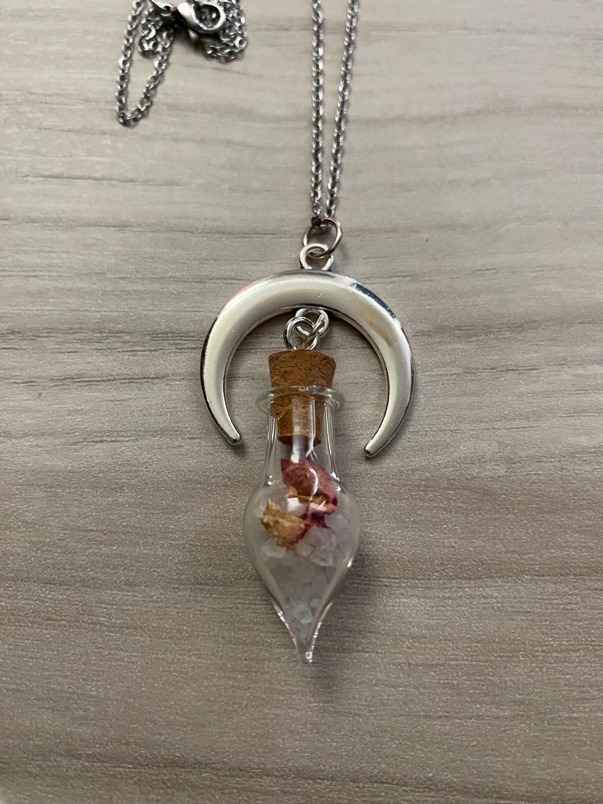 Crescent Moon Necklace Vial of Salt and Rose Petals Love Protection
