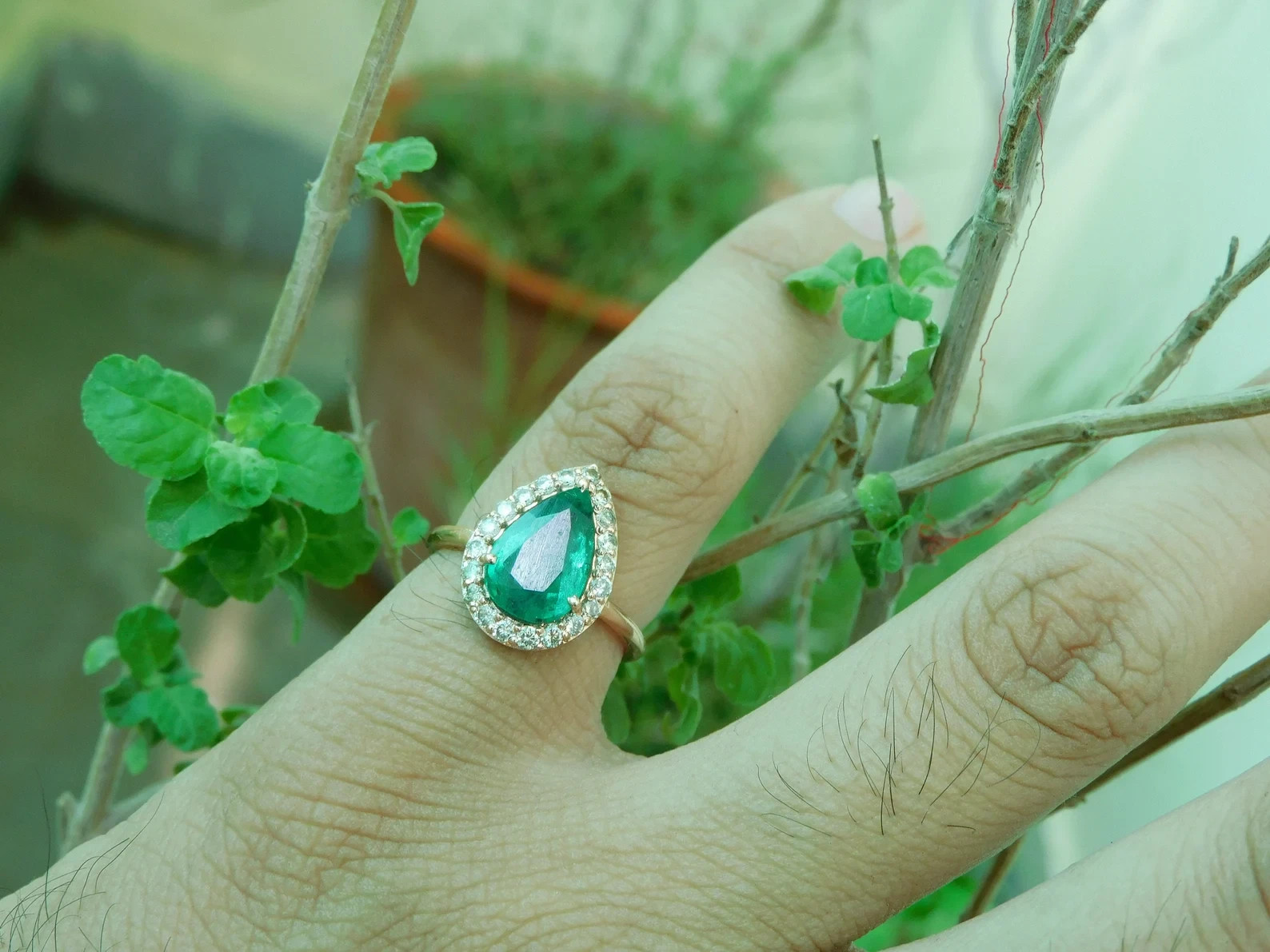 3.29Ct Pear Cut Natural Emerald Diamond Wedding Ring 14K Yellow Gold Size 6