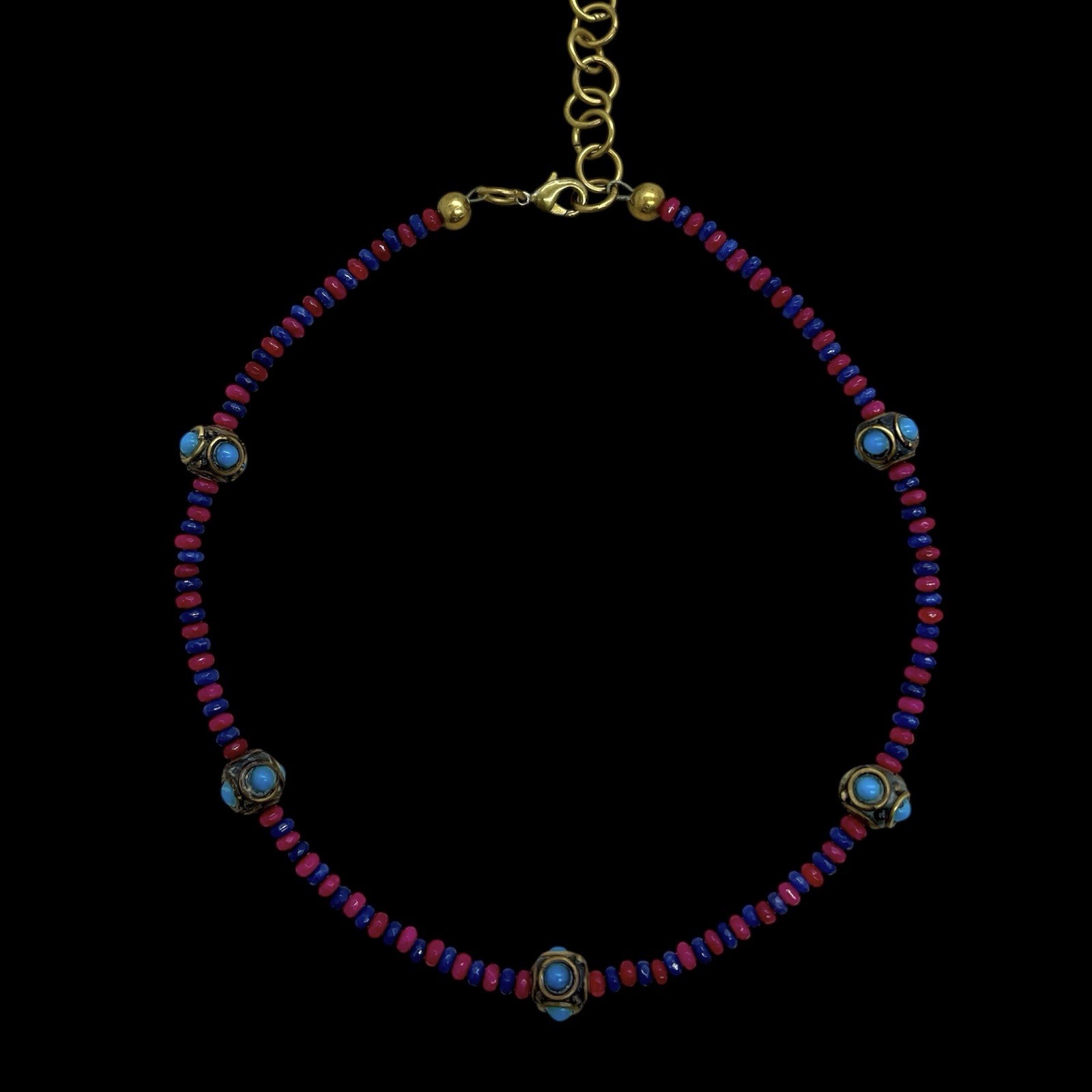 Vtg Nepalese Tibetan Brass Turquoise Glass Cabochon Amethyst Quartz Bead Choker