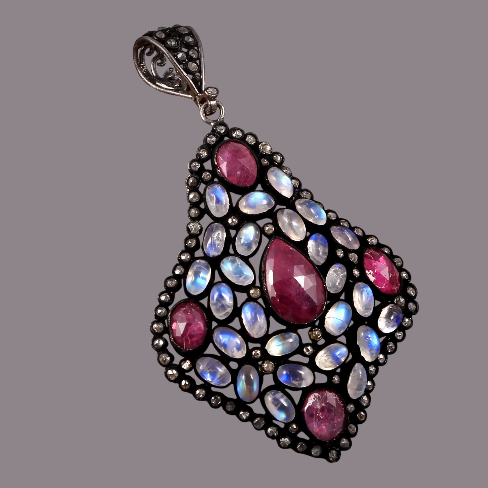 Natural Ruby Diamond Rainbow Moonstone Pendant 925 Sterling Silver Handmade