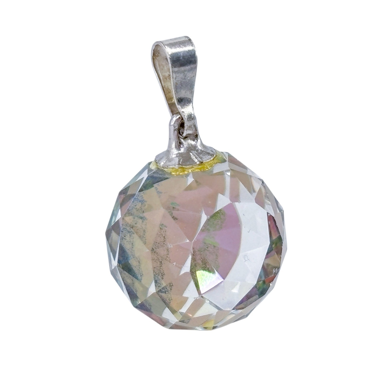 Faceted Aurora Borealis Crystal Pendant | Sterling Silver 925 Round Prism Charm