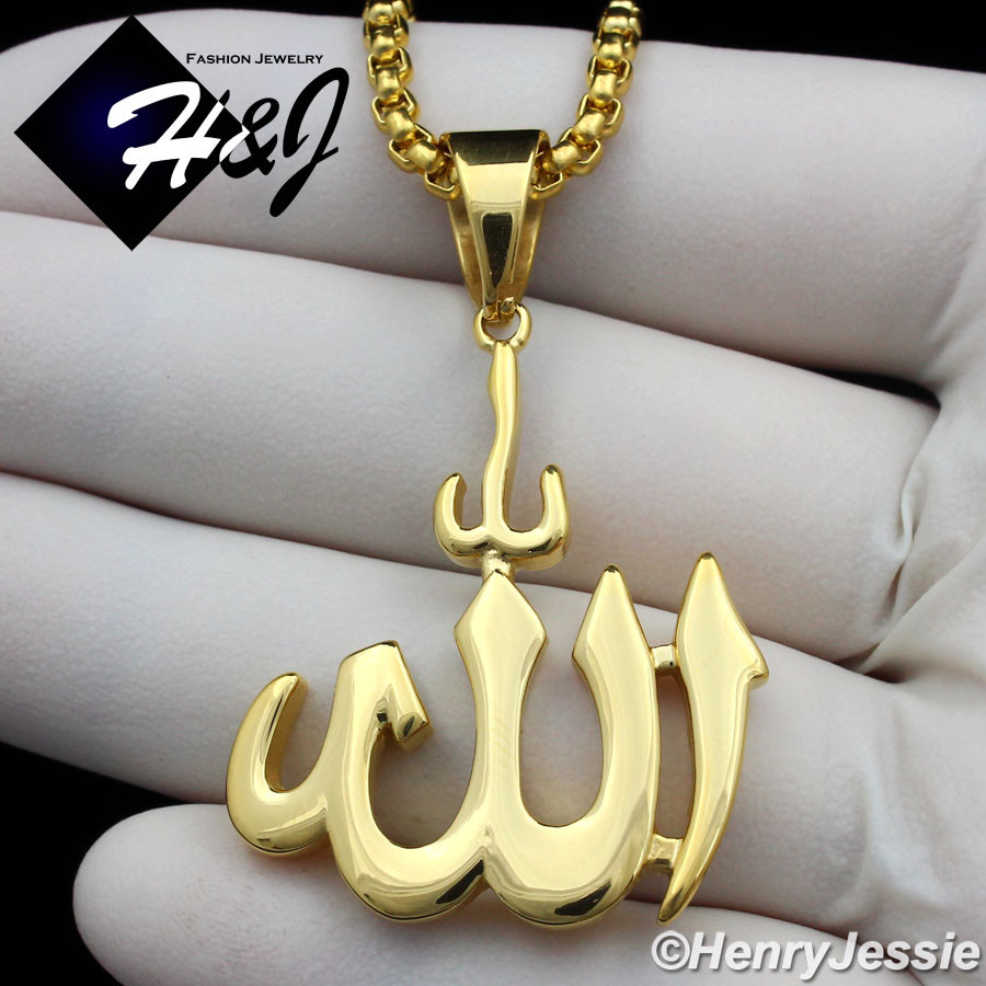18-36″MEN Stainless Steel 3mm Gold Plated Box Chain Muslim Allah Pendant*GP107