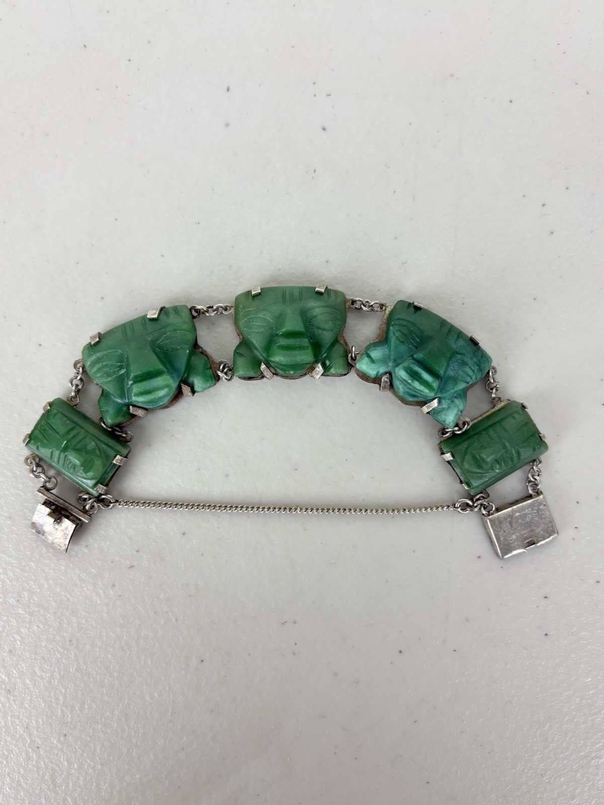 Vintage Mexico 925 Sterling Silver Carved Green Onyx Mayan Mask Panel Bracelet