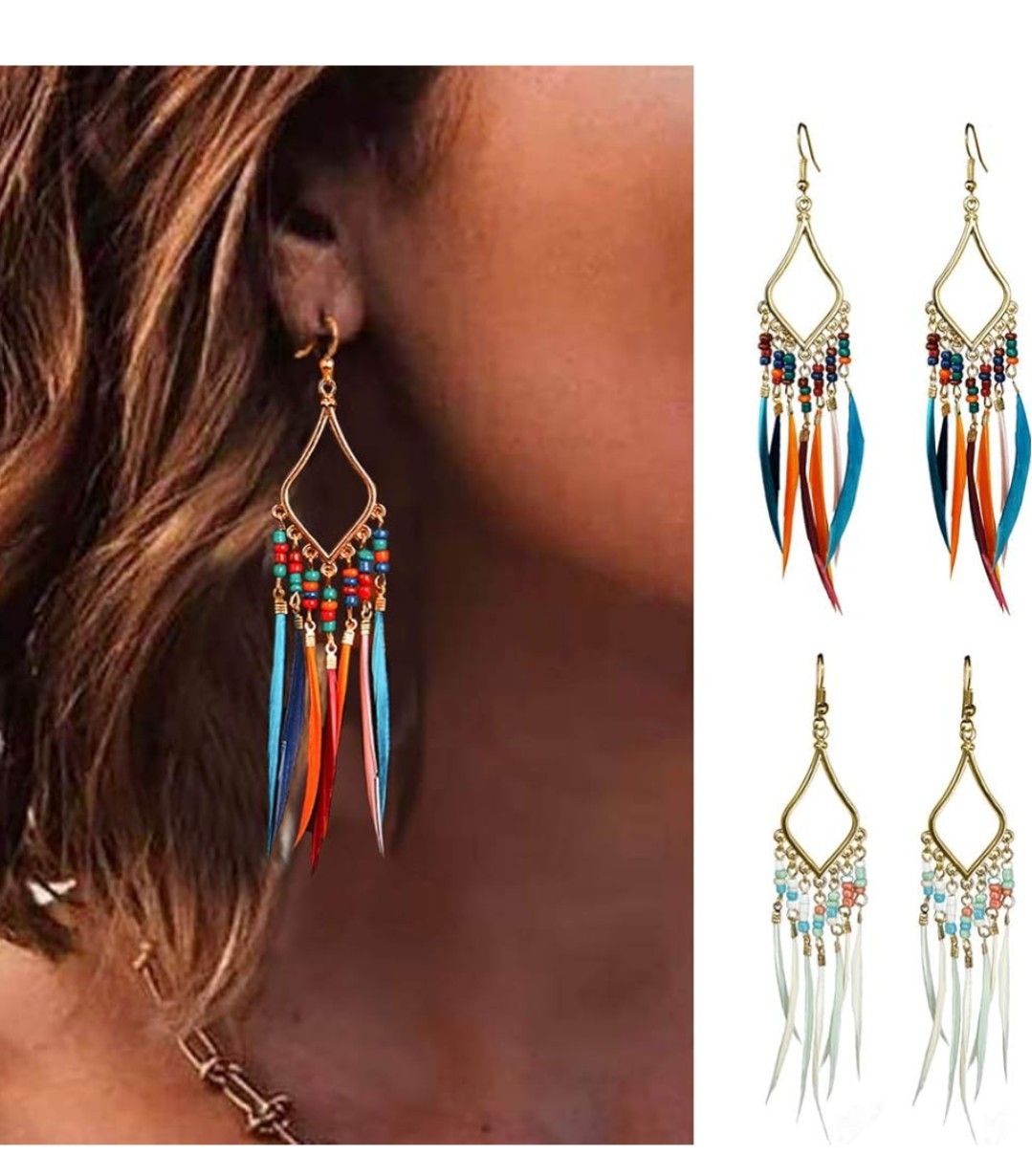 Bead Earrings 2 PC Set Feather Tassel Gold Boho Ethnic Retro Bohemian Dangle
