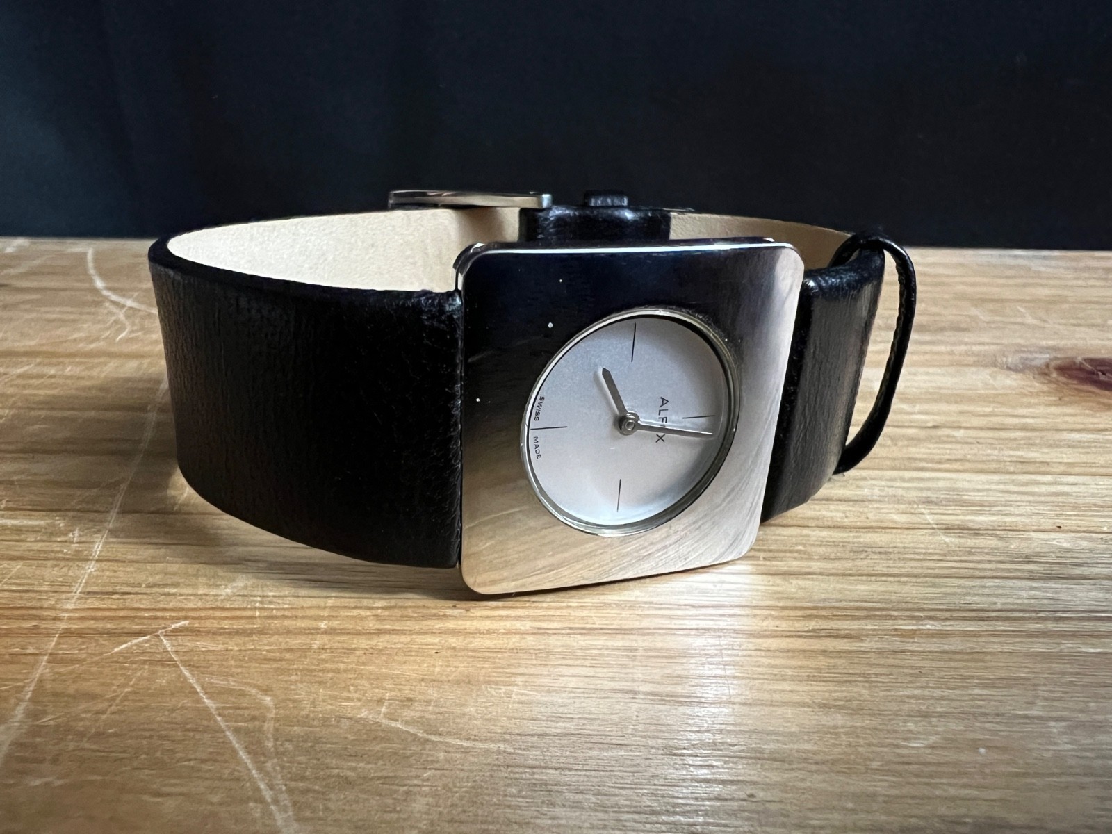 NEW WOMEN’S ALFEX 5512 SWISS SQUARE WATCH BLACK LEATHER BAND NEEDS BATTERY $250