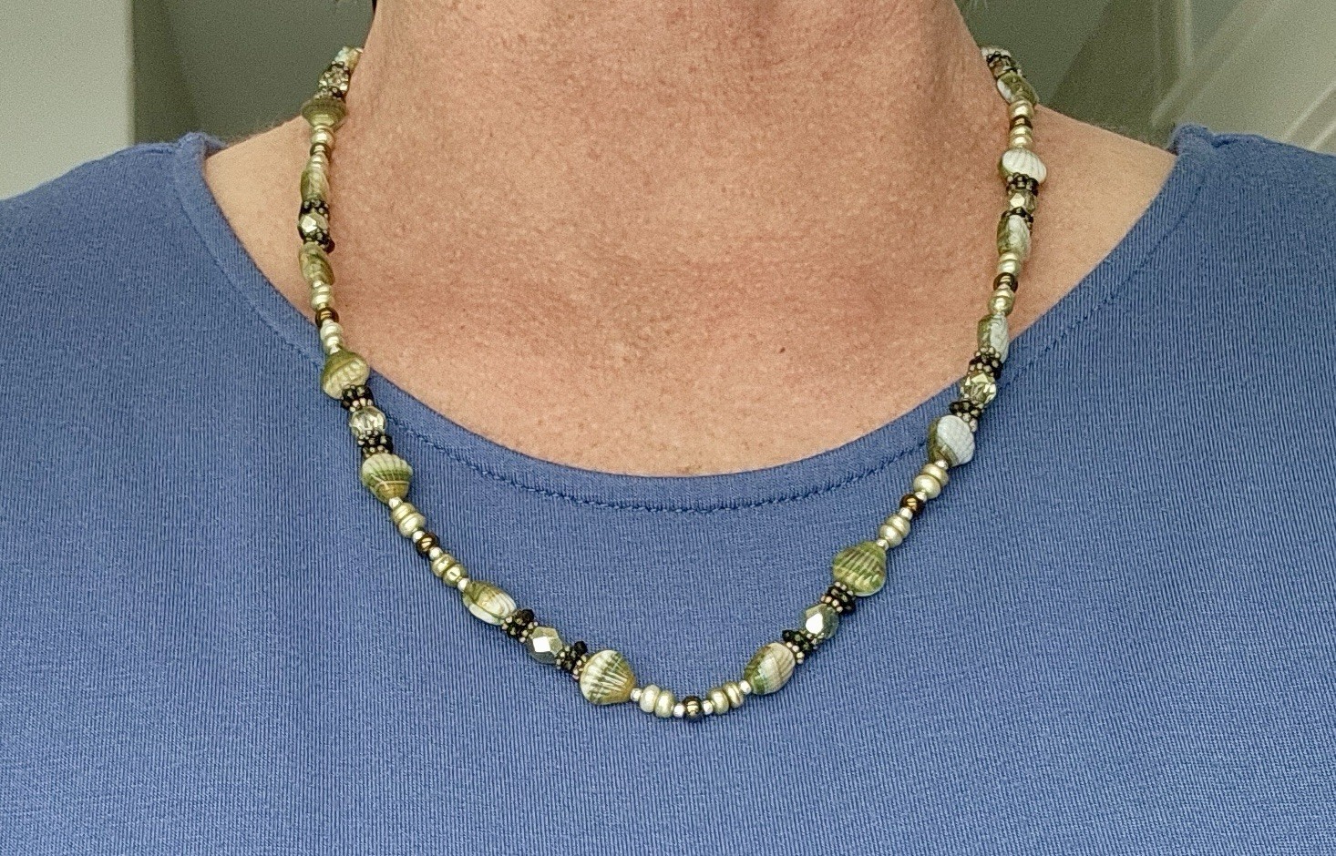 Handmade Beaded Necklace with Czech Scallop Beads and Multicolor Accents 22 Inch