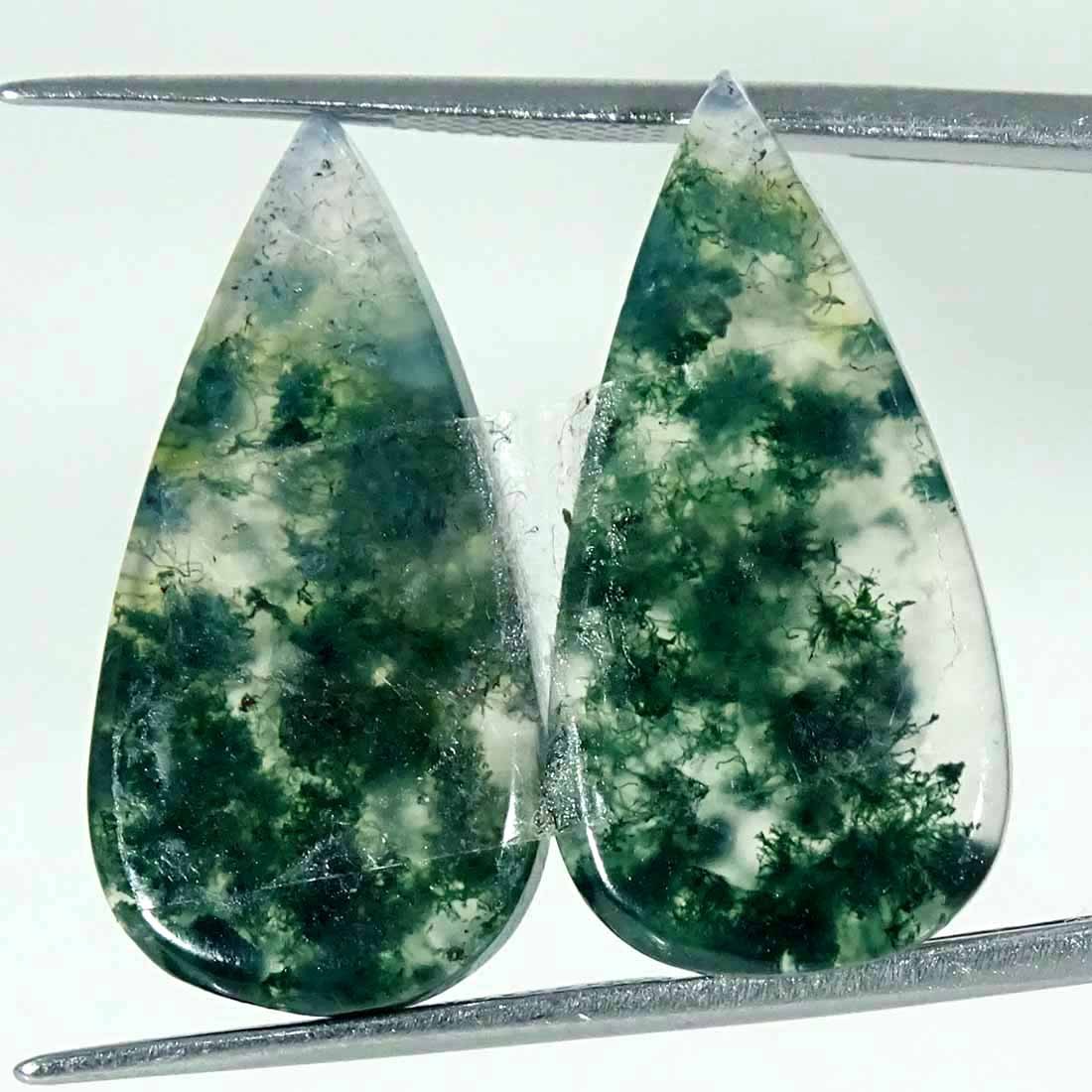 20.50Cts Natural Green Moss Agate Pear Pair Cabochon Loose Gemstone 13x25x4mm