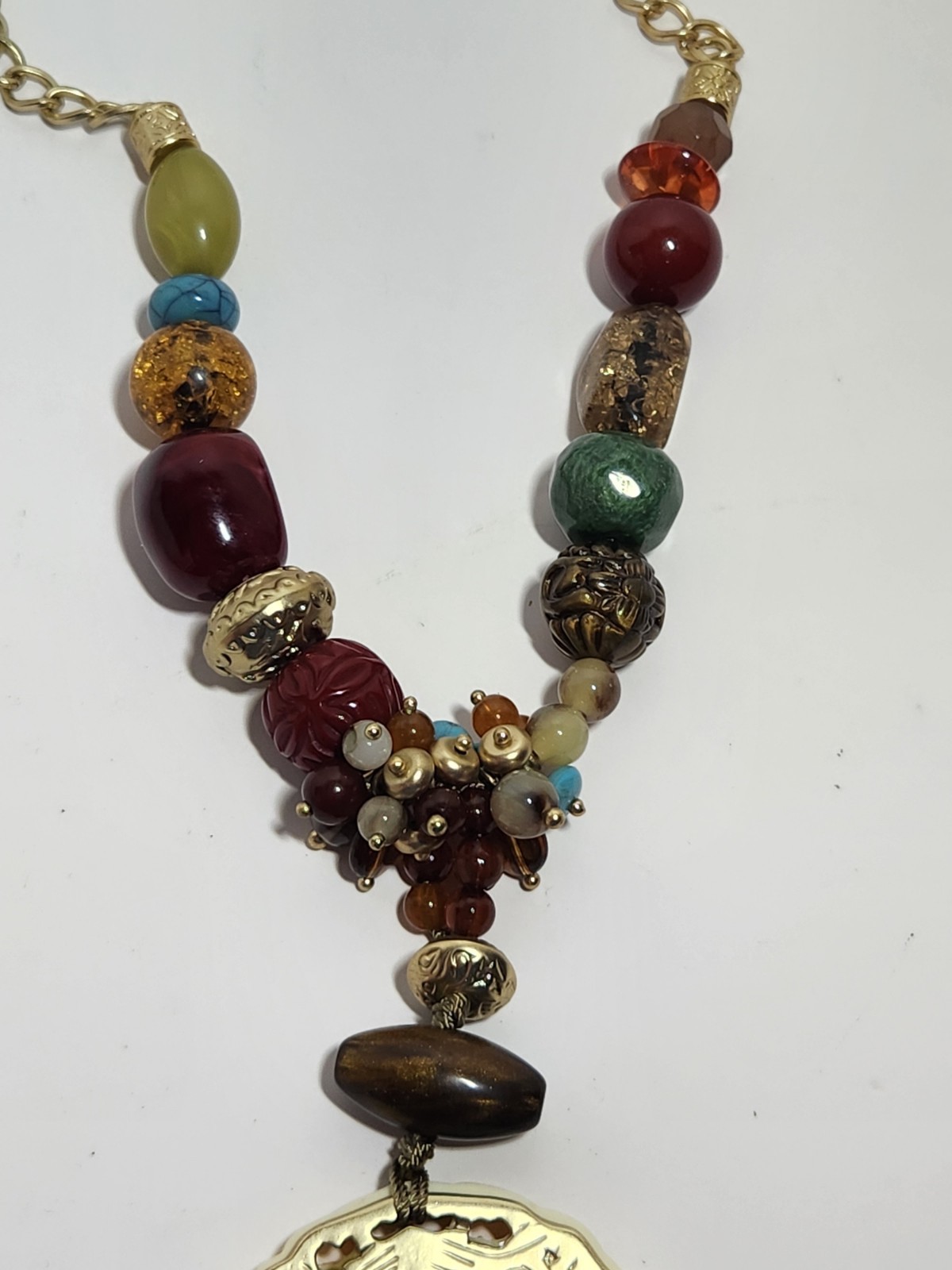 Chico’s Reversible Asian Inspired Mixed Media Beaded Necklace Faux Bone/Gold