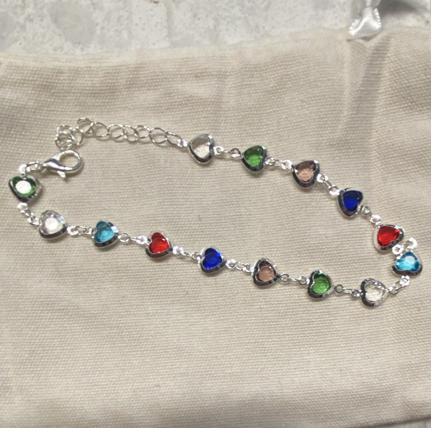 Silver Tone Heart Link Bracelet Multicolor Heart Stones Adjustable Lobster Clasp