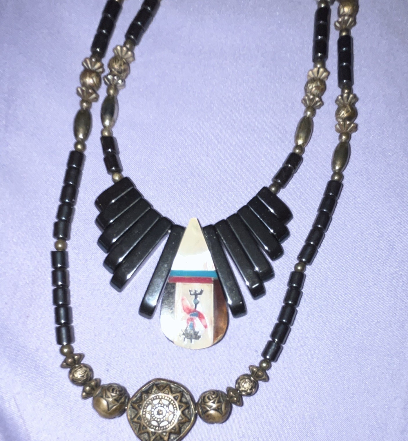 Vintage tribal Double-Strand Necklace Teardrop Charm Pendant Gold Tone Bead