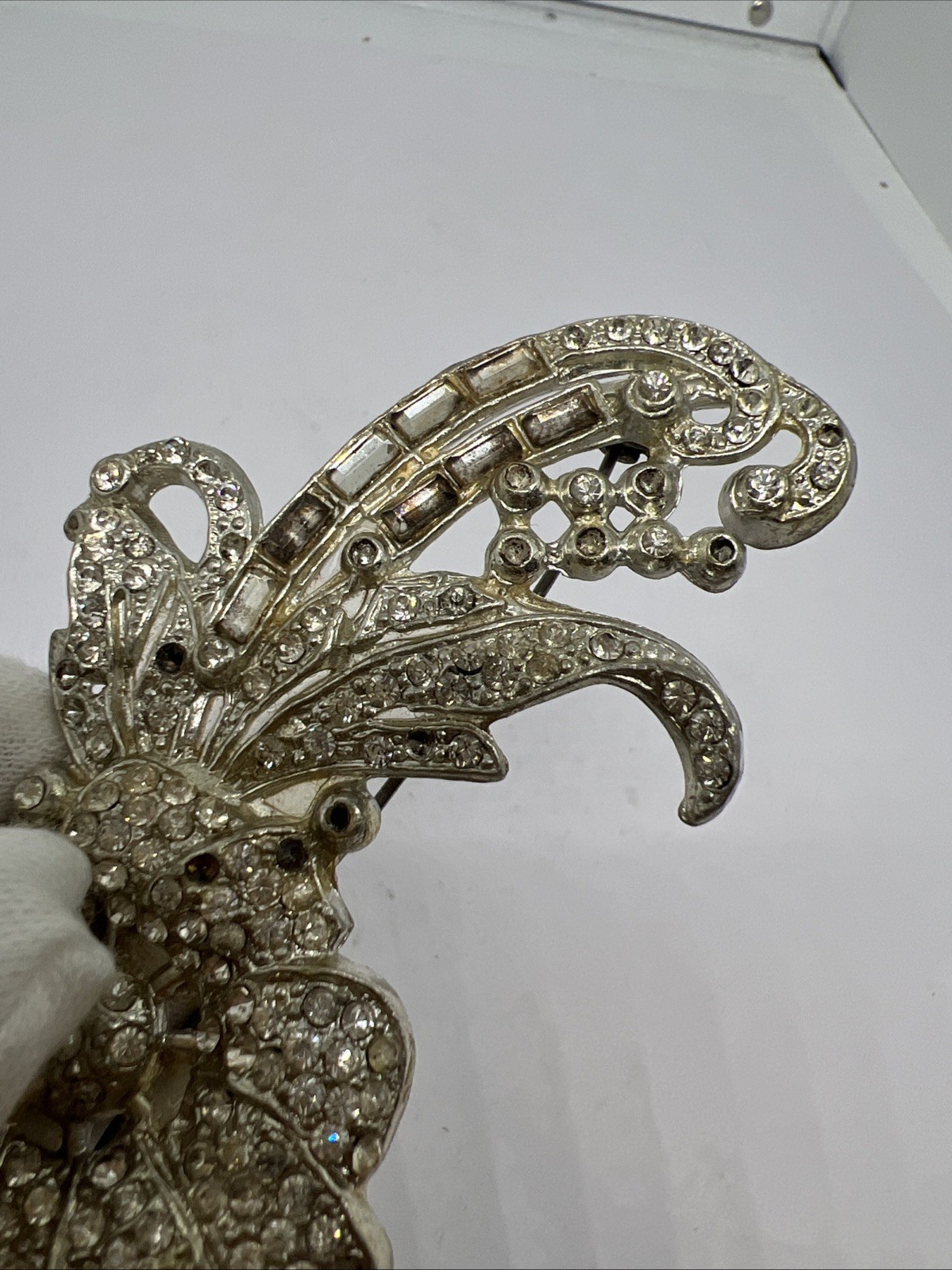 Art Deco Pave Set Clear Rhinestone Flower Brooch 3 1/4 in. Vintage Antique 1920s