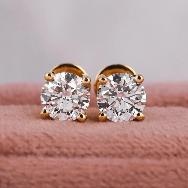 6mm Round Real VVS1 Moissanite 14K Yellow Gold Plated Stud Solitaire Earrings