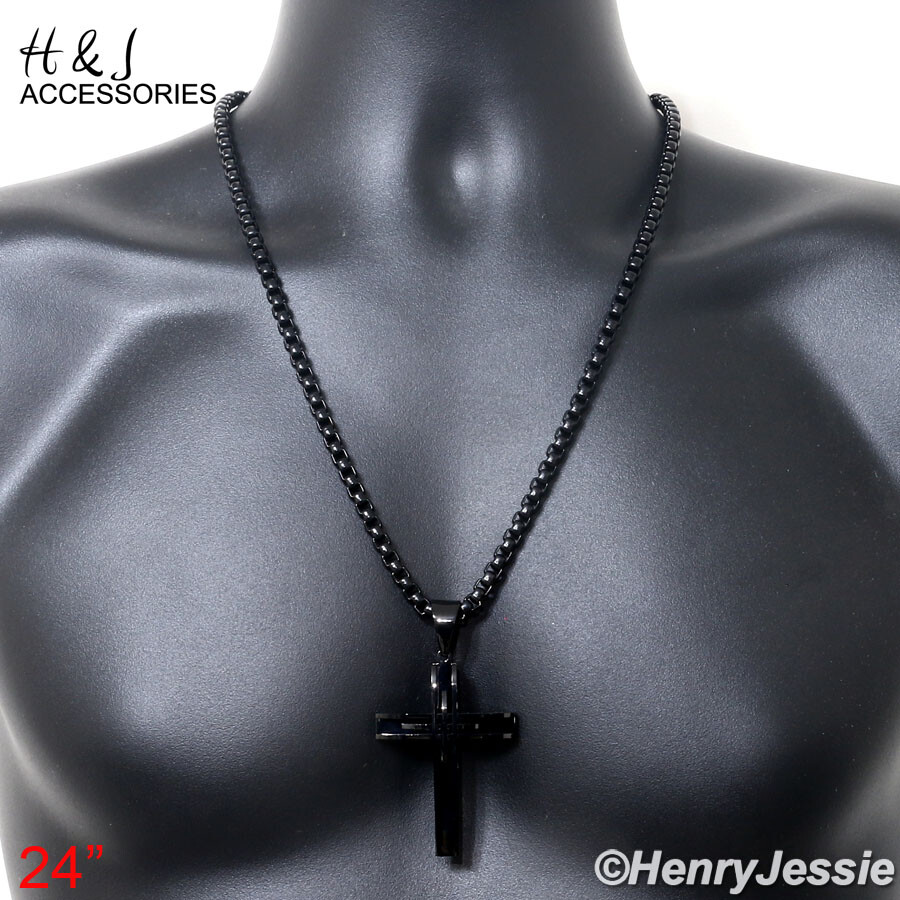 18″-40″MEN Stainless Steel 5mm Black Plated Box Link Chain Plain Cross Pendant*A