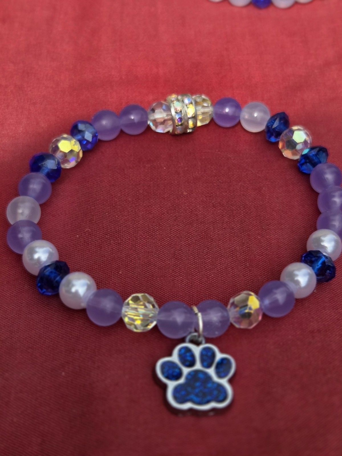 U.V. Blue & Purple Glass Round Beaded Stretch Bracelet Paw Print Dangle Charm