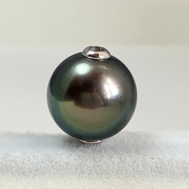 AAA Big 12.3mm Round Green Tahitian Loose Pearl,Full Drilled,14Kt White Gold