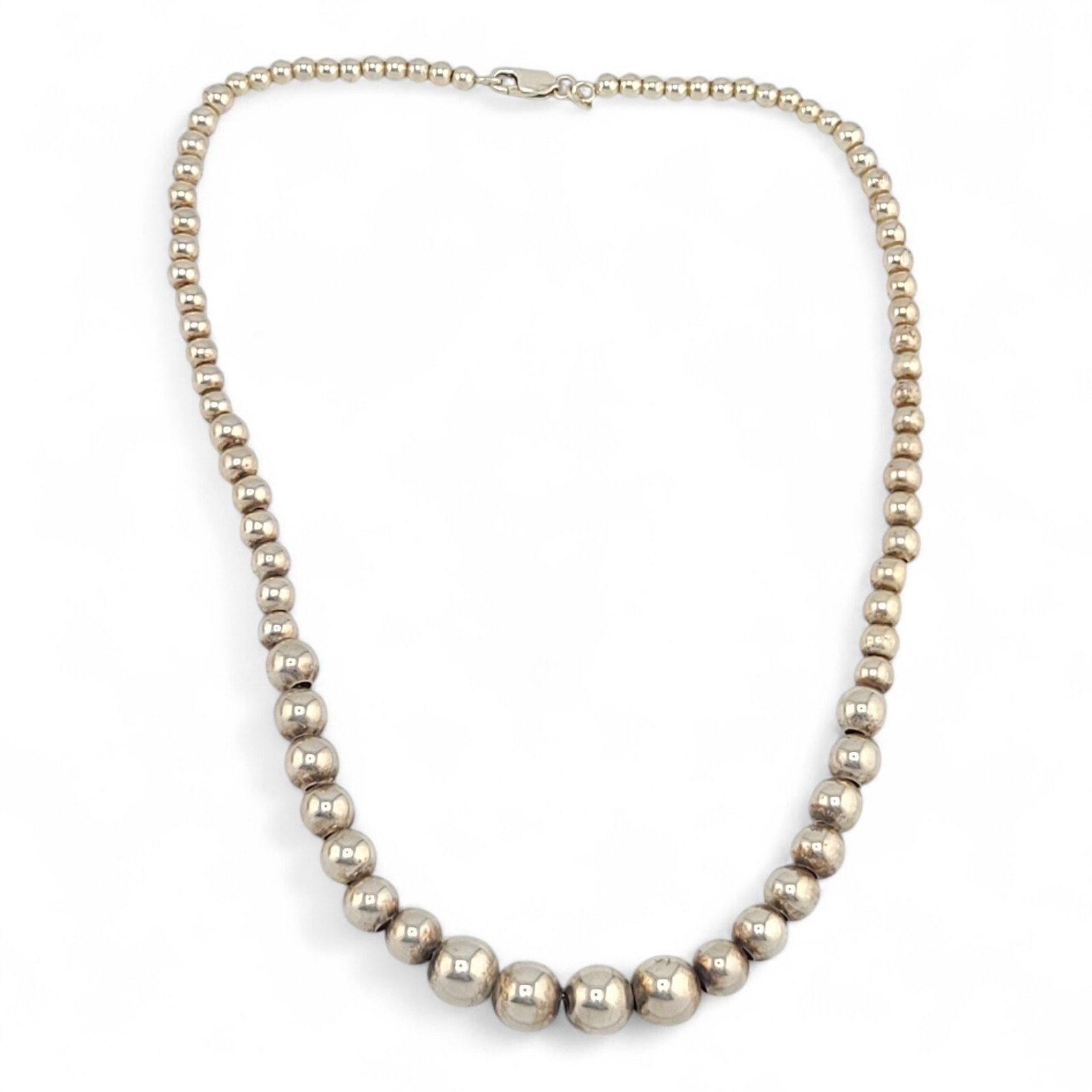 Sterling Silver Graduated Beaded Necklace Italy 10mm Bead To 4mm 17in Long