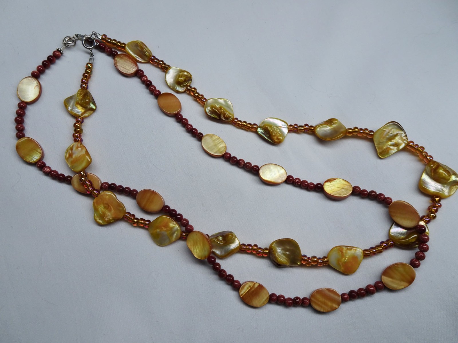 TWO Hand Crafted Necklaces Goldstone Shell Glass 18 1/4″ & 19 1/2″ N9 DNG