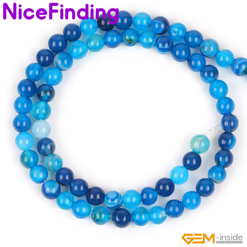 Natural Round Blue Smooth Sardonyx Agate Banded Beads For Jewelry Making 15”