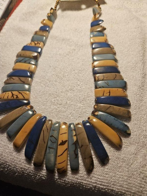 Organic Tagua NutAmazon Necklace – Blue/Beige/Gray