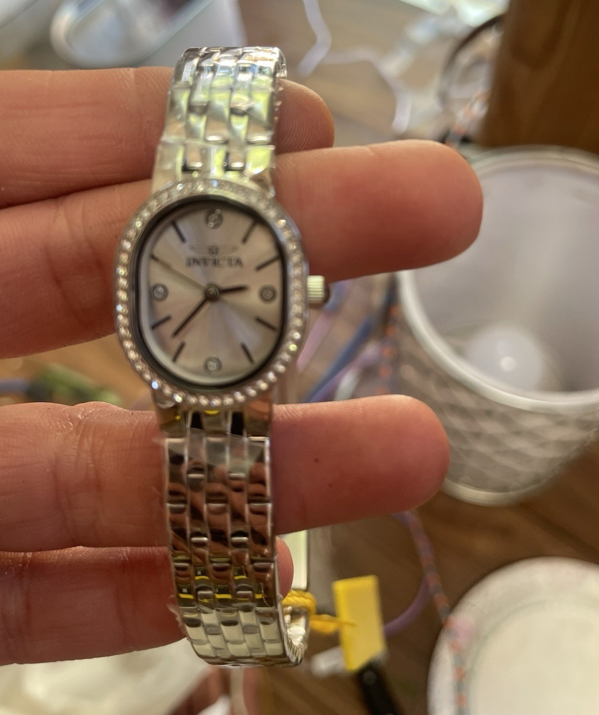 Invicta Women’s Oval Analog Watch Stainless Steel Bracelet Silver Dial Gem-Set