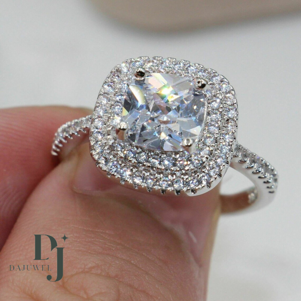 2.50 CT Cushion Cut Moissanite Double Halo Engagement Ring Solid 14K White Gold