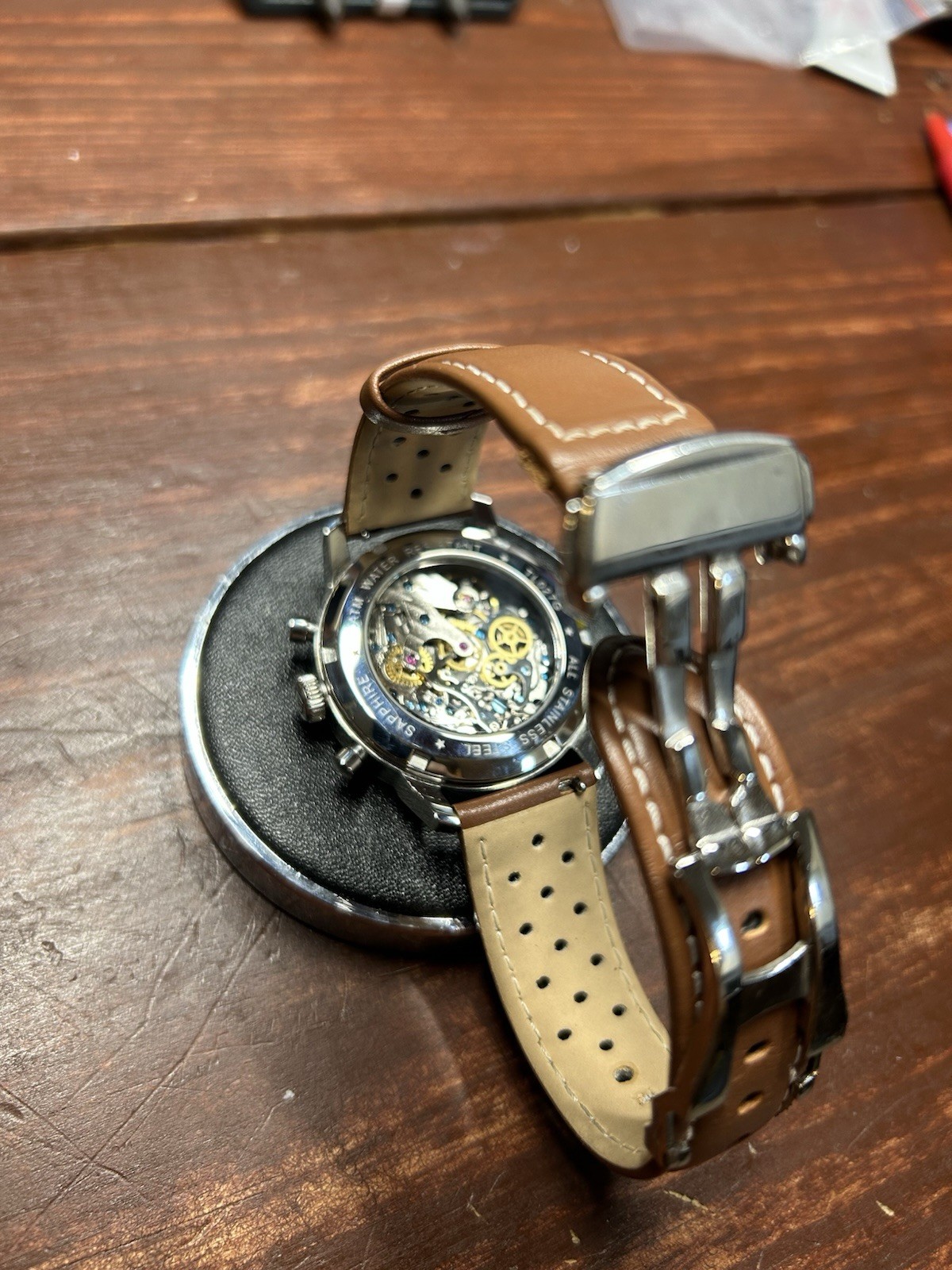 Tophill Mechanical Chronograph Retro Style, Sapphire Crystal, Open Caseback