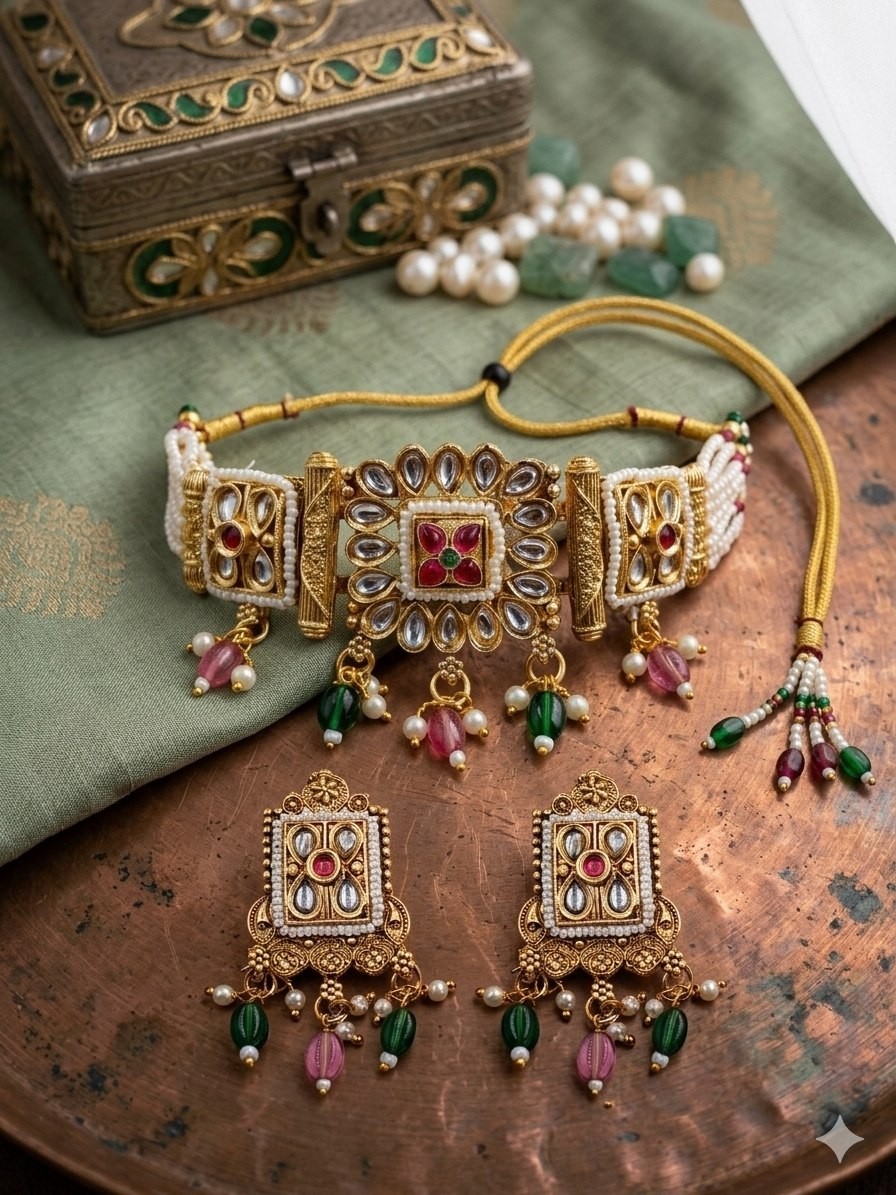 Bollywood Rajwadi Kundan Pearl Choker Set Gold Tone Bridal Wedding Jewelry