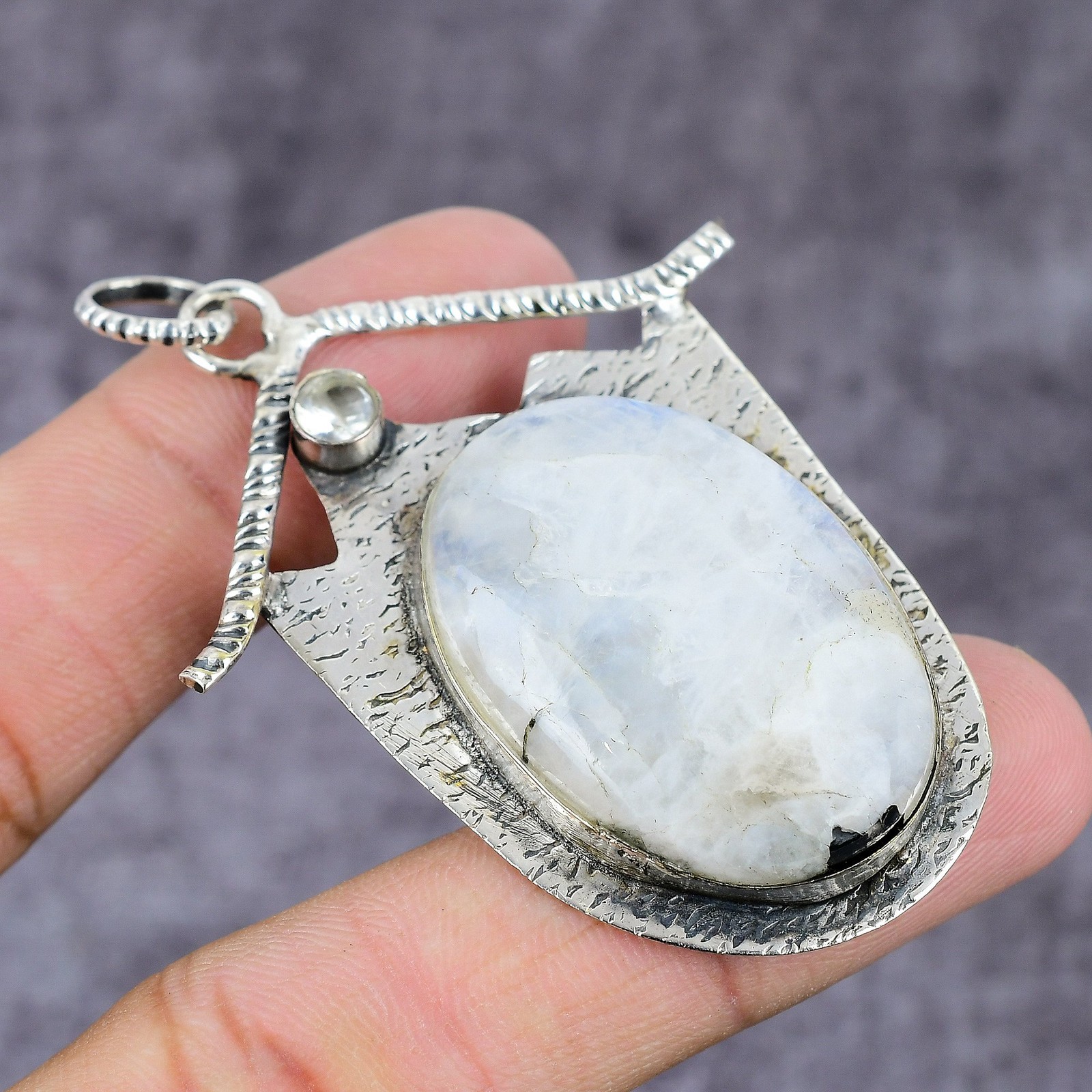 Natural Moonstone, White Topaz Gemstone 925 Sterling Silver Pendant 2.25″ O056