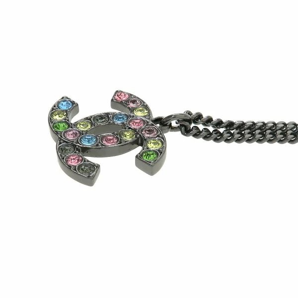 CHANEL CC Logo Multicolor Rhinestone Necklace 16″ Gold Tone 05A Auth #8399