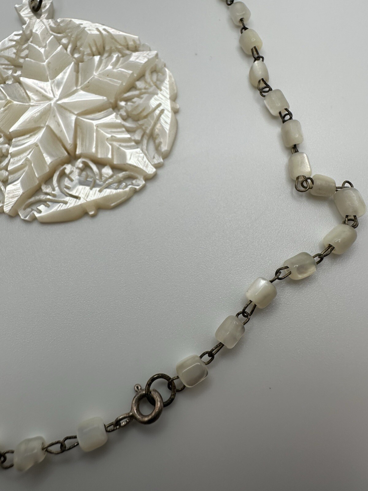 Vintage Sterling Silver Mother Of Pearl Star Pendant 5.8cm Necklace 19” JB22