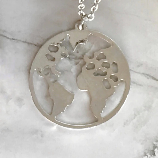 New World Map Disk Necklace Silver Cutout Travel Geography Boho Unique Round NWT