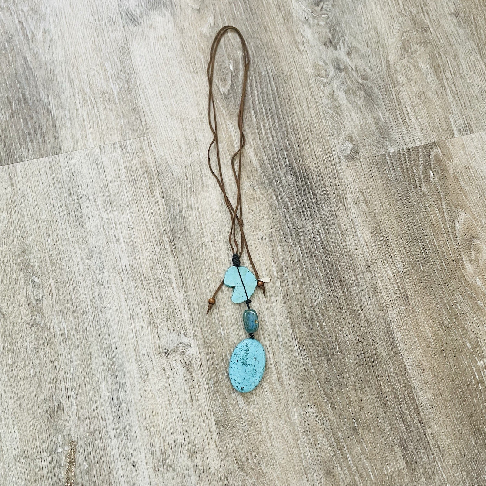 Turquoise Stone Drop Pendant Necklace – Brown Cord
