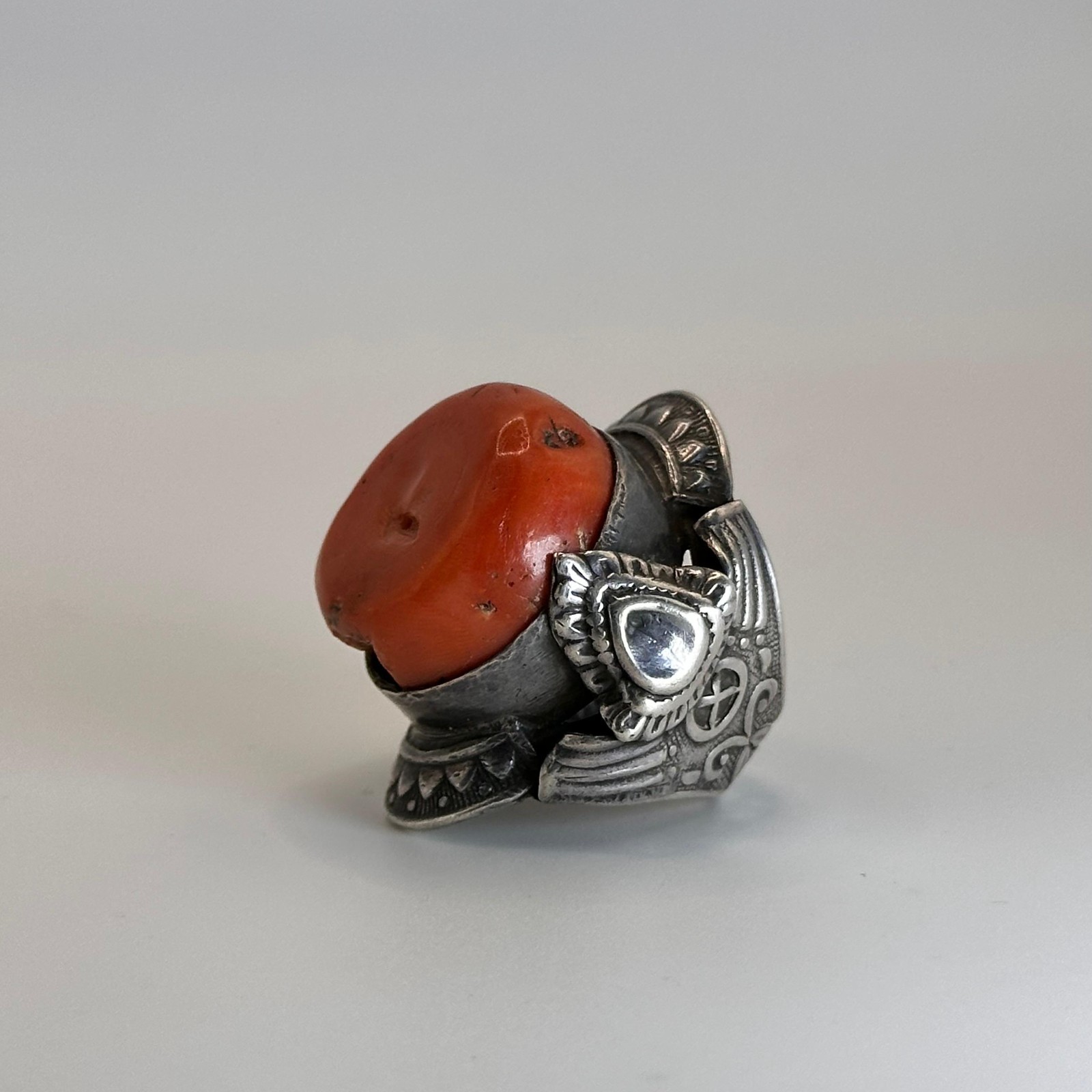 Massive Nepali Silver and Coral Ring – Mid-20th Century , Nepal
