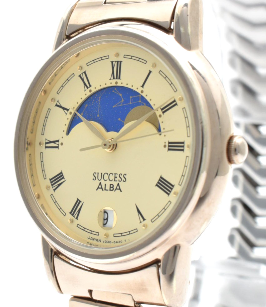 Vintage [Exc+5] Seiko Alba Success V338-6A20 Moon Phase Quartz Men’s Watch 32mm