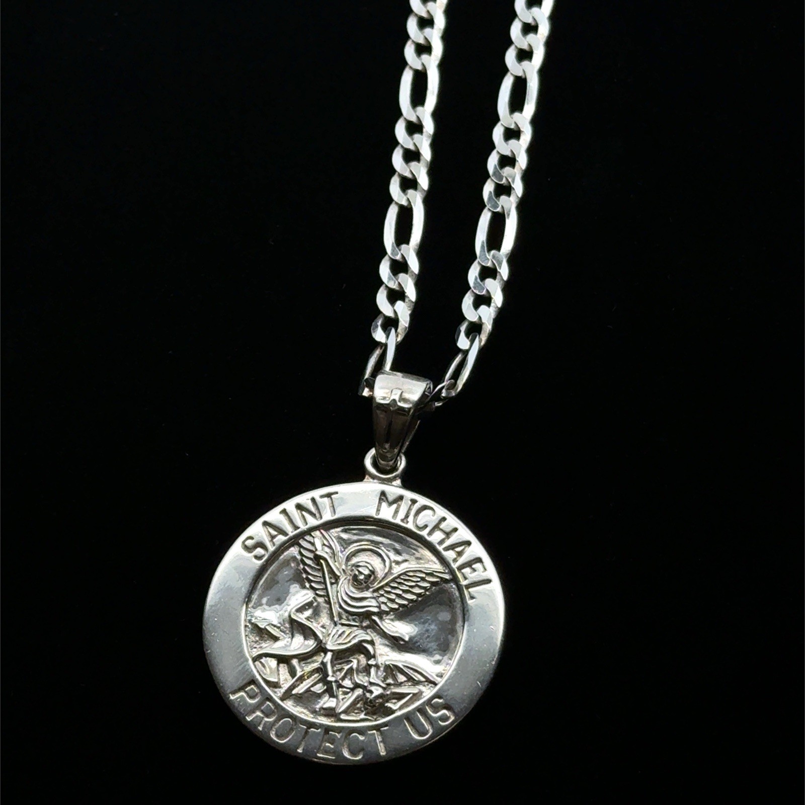 Peter Stone Saint Michael Sterling Silver Pendant On 20” Figaro Necklace, 21.5g