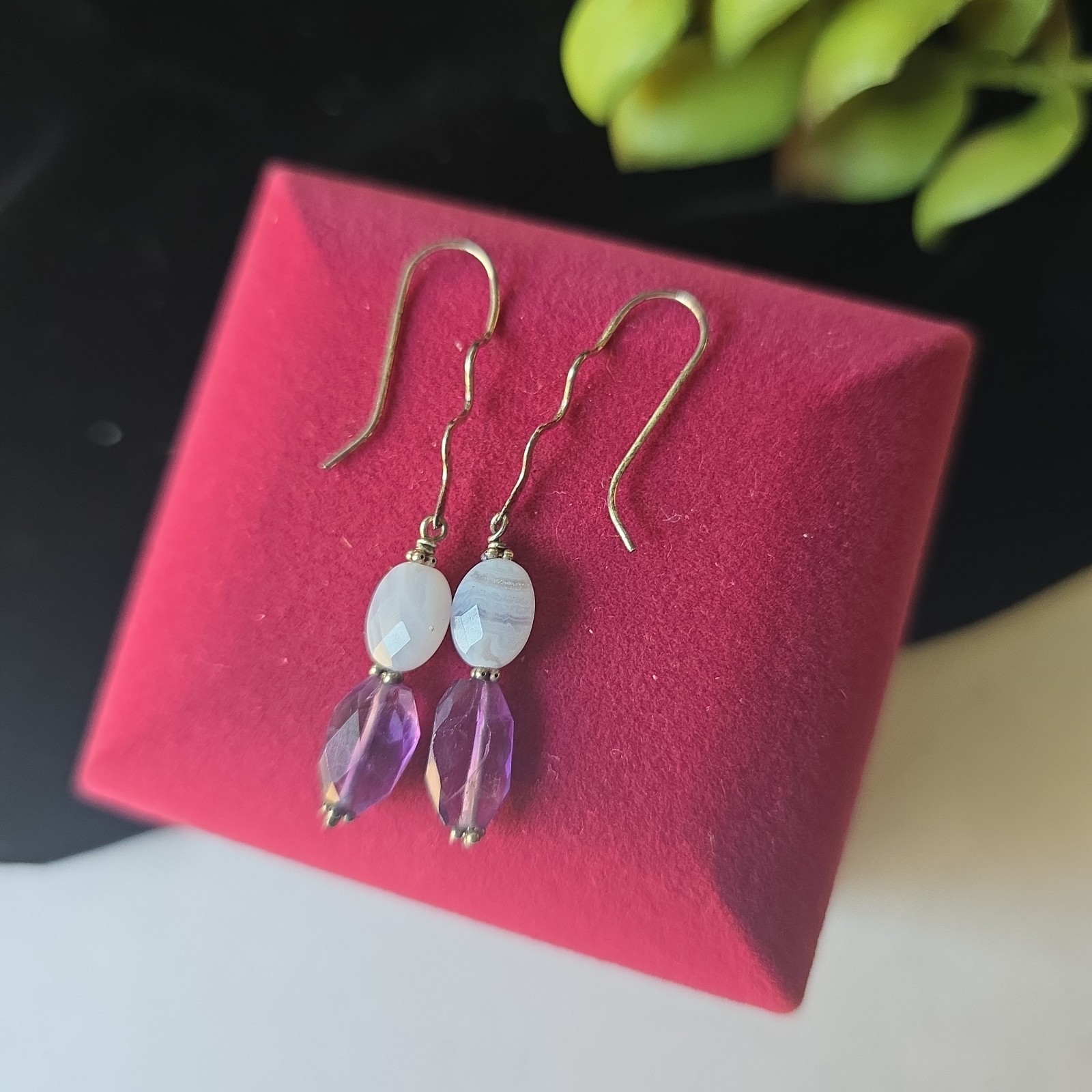 Vintage Sterling Silver 925 Hooks Amethyst Agate Beads Dangle Earrings