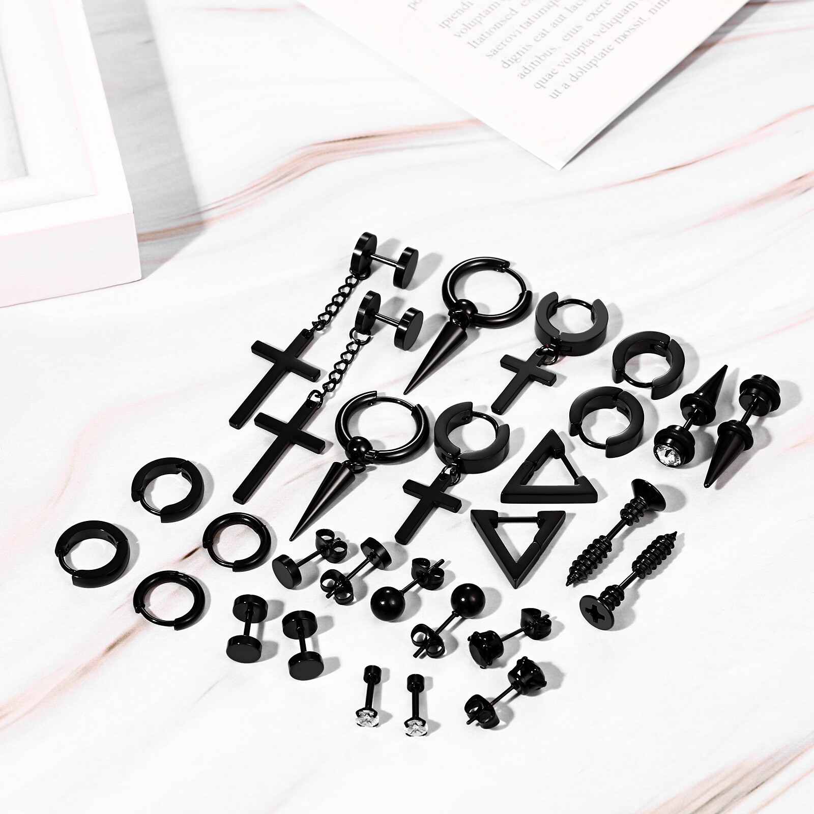 14 pairs Black Stainless Steel Cross Dangle Spike Hoop Earrings Ear Studs Set