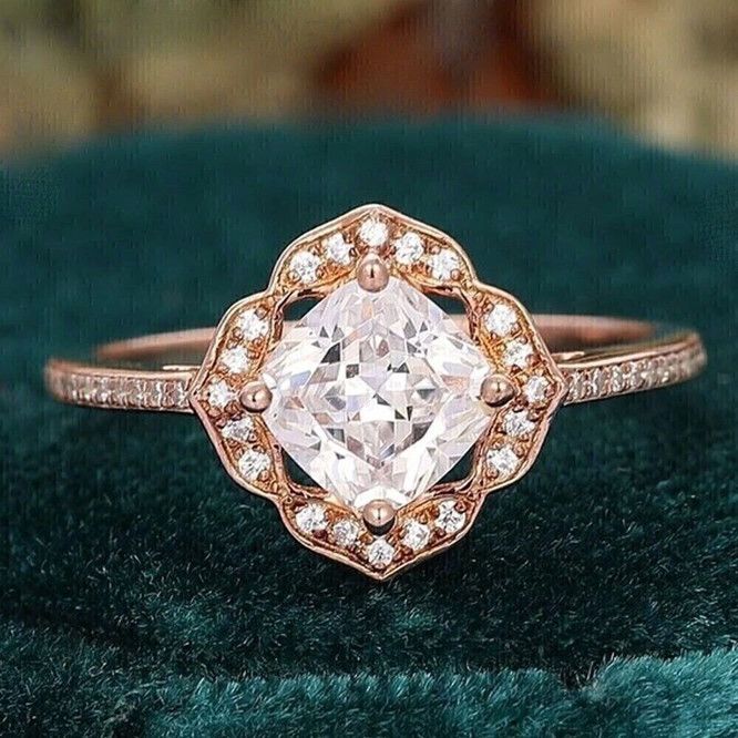 VVS1 Moissanite Cushion Cut 14K Rose Gold Plated Wedding Engagement Halo Ring