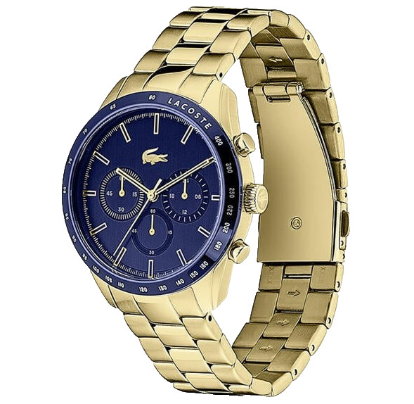 LACOSTE BOSTON CHRONOGRAPH 2011096 BLUE DIAL GOLD BRACELET 42MM MENS WATCH
