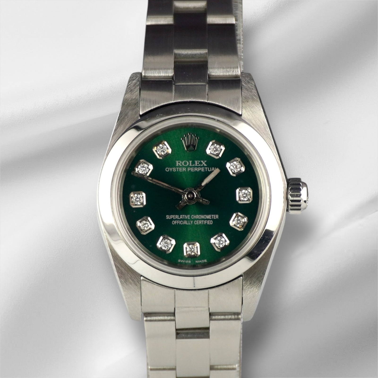 Rolex Oyster Perpetual 25mm Steel Green Diamond Smooth Oyster Watch 67180