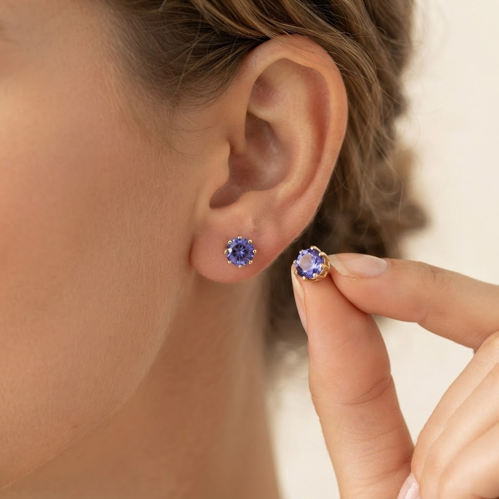 3.5 mm Round Natural Tanzanite Minimalist Stud Earrings 9k Solid Gold Jewelry