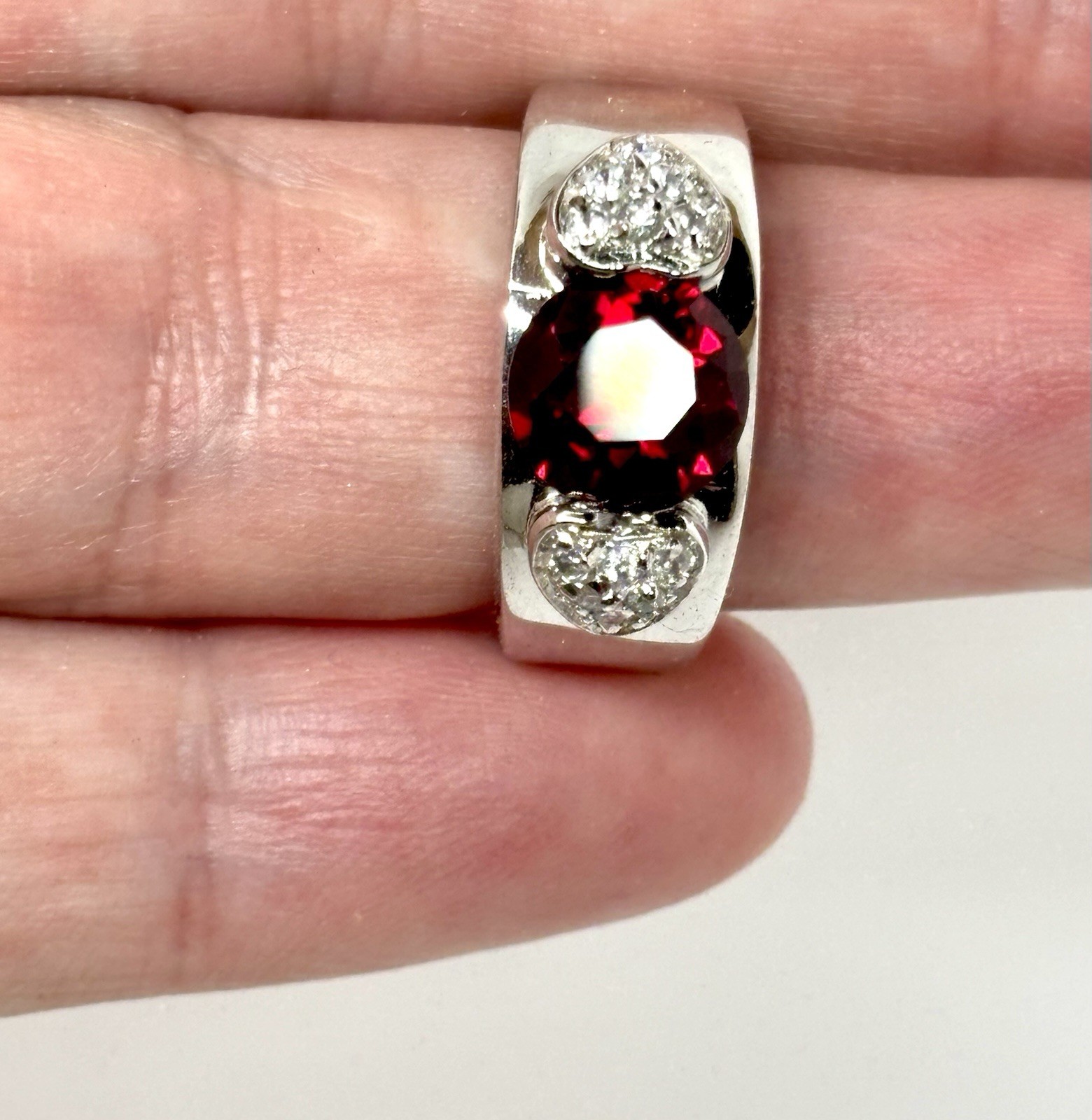 Vintage 925 Sterling Lab Ruby Ring & Diamonds Hearts 5.75 Marked BV Glows in UV