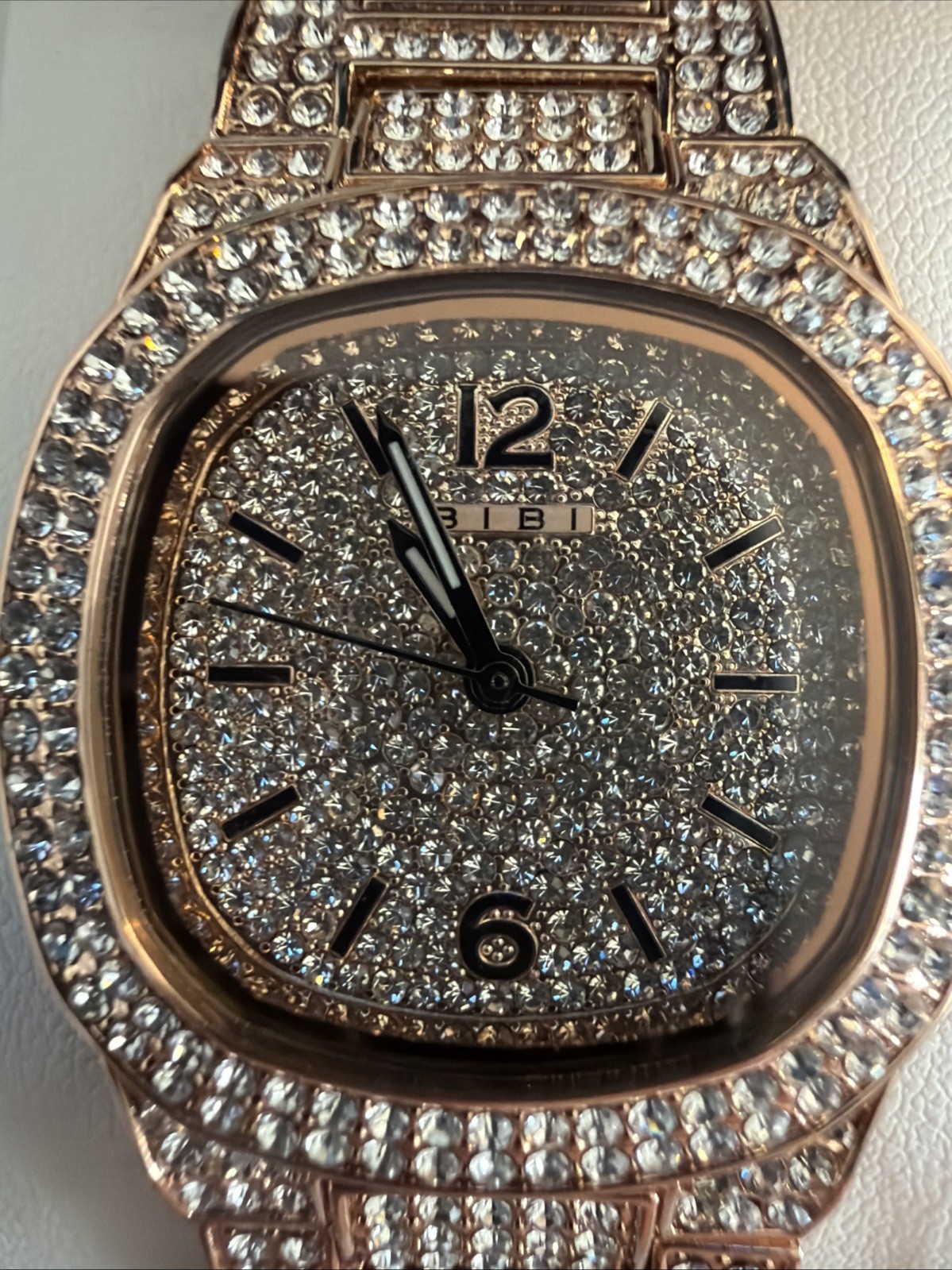 BIBI Luxury Watch Rose Gold Iced Out Cushion Silver Dial Quartz Bracelet Box
