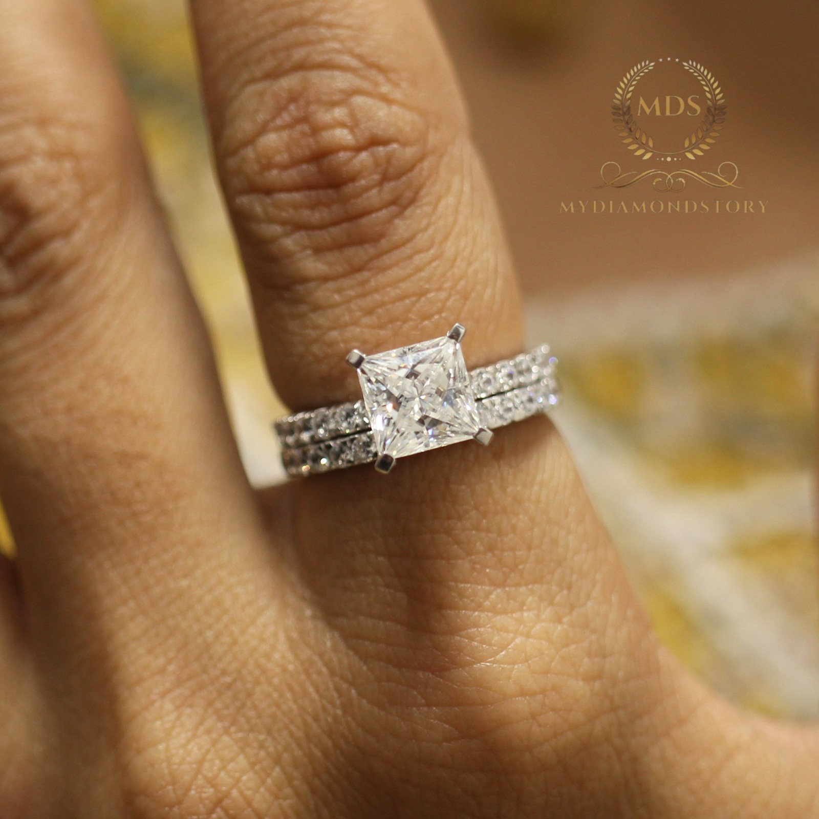 3 Carat Princess Cut Moissanite Bridal Set Engagement Ring Solid 14K White Gold