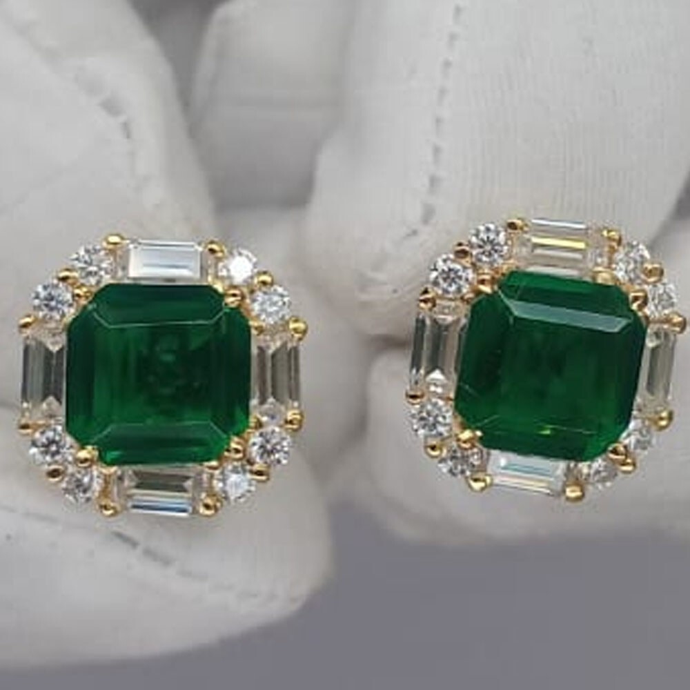 5.16Ct Asscher Cut Natural Emerald & Diamond Stud Earring 14K Solid Yellow Gold